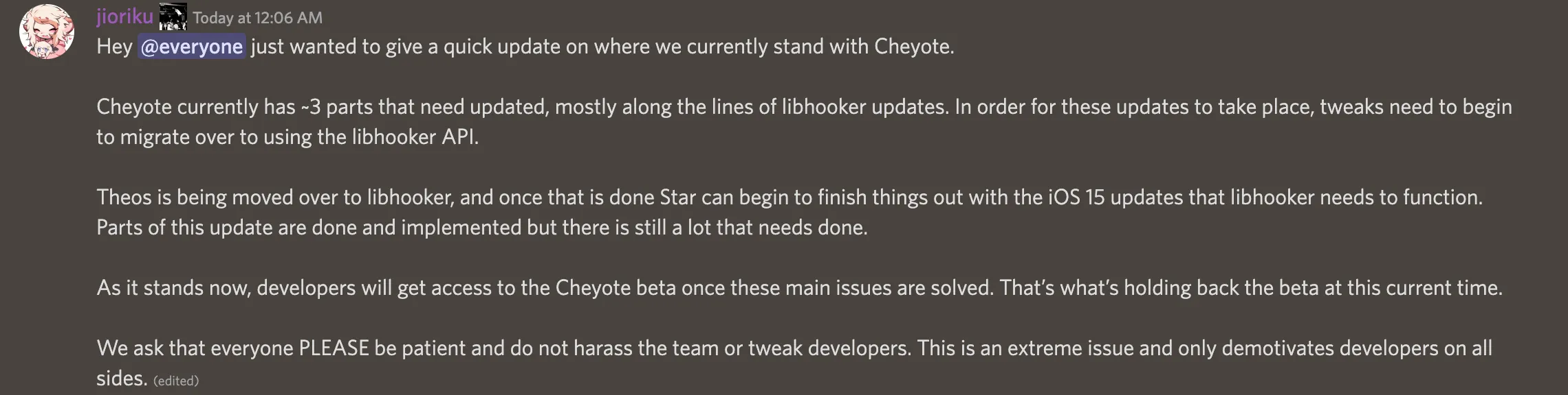 Последнее обновление статуса Cheyote — это луч надежды для сообщества джейлбрейкеров.