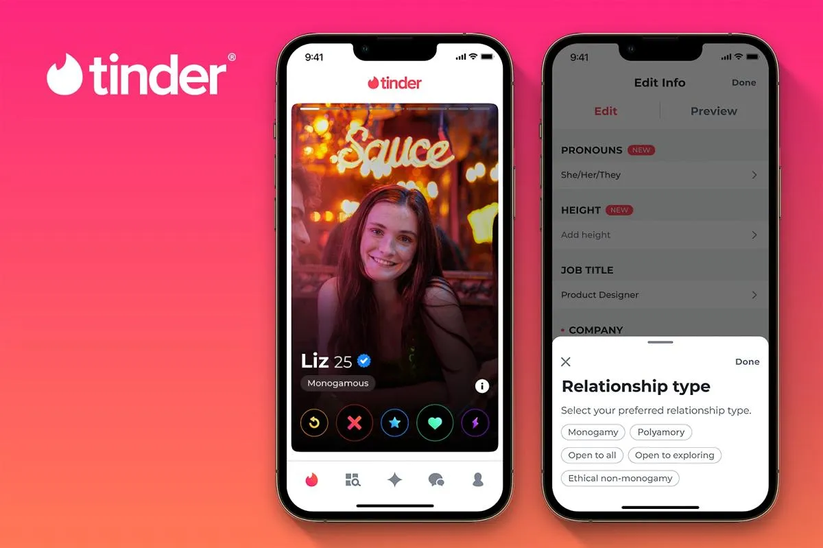 Tinder позволяет использовать негендерные местоимения и немоногамные типы отношений.