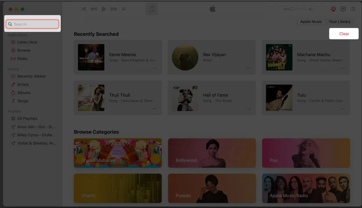 Tühjendage Macis Apple Musicu otsinguajalugu