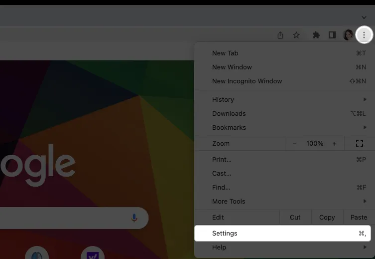 메뉴 표시줄에서 Chrome을 클릭하고 설정을 선택합니다.