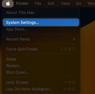 Click Apple Logo and System Settings in macOS Ventura