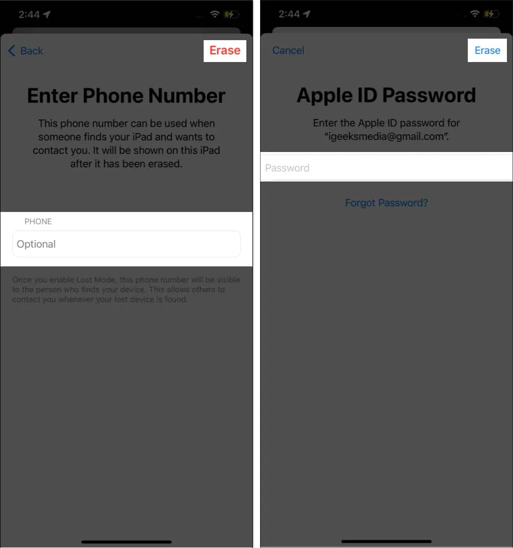 Voer uw telefoonnummer in, selecteer Wissen, geef uw Apple ID-wachtwoord op en tik op Wissen