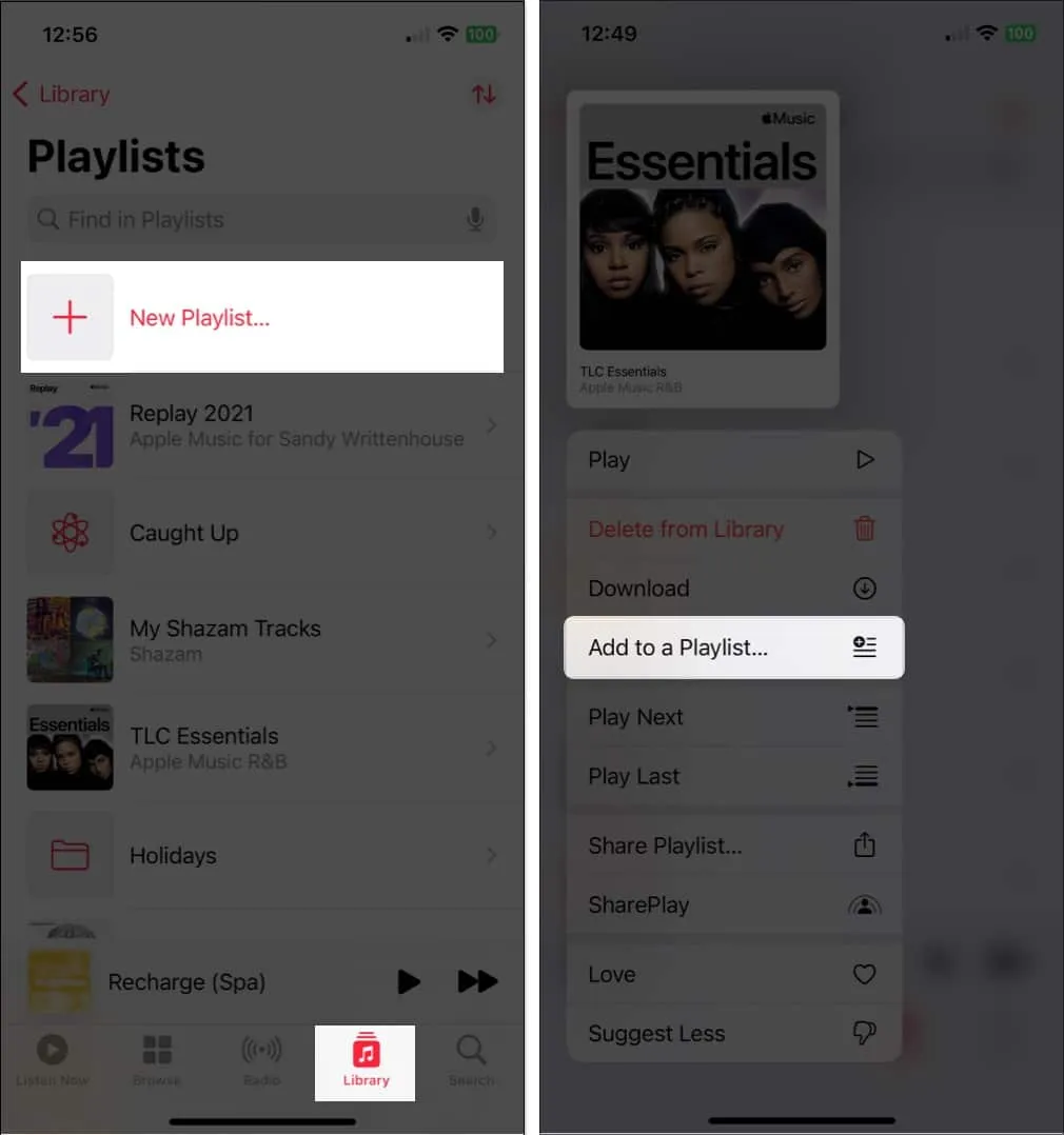 ライブラリに移動して新しいプレイリストのオプションを選択し、Apple Music のプレイリストに追加します