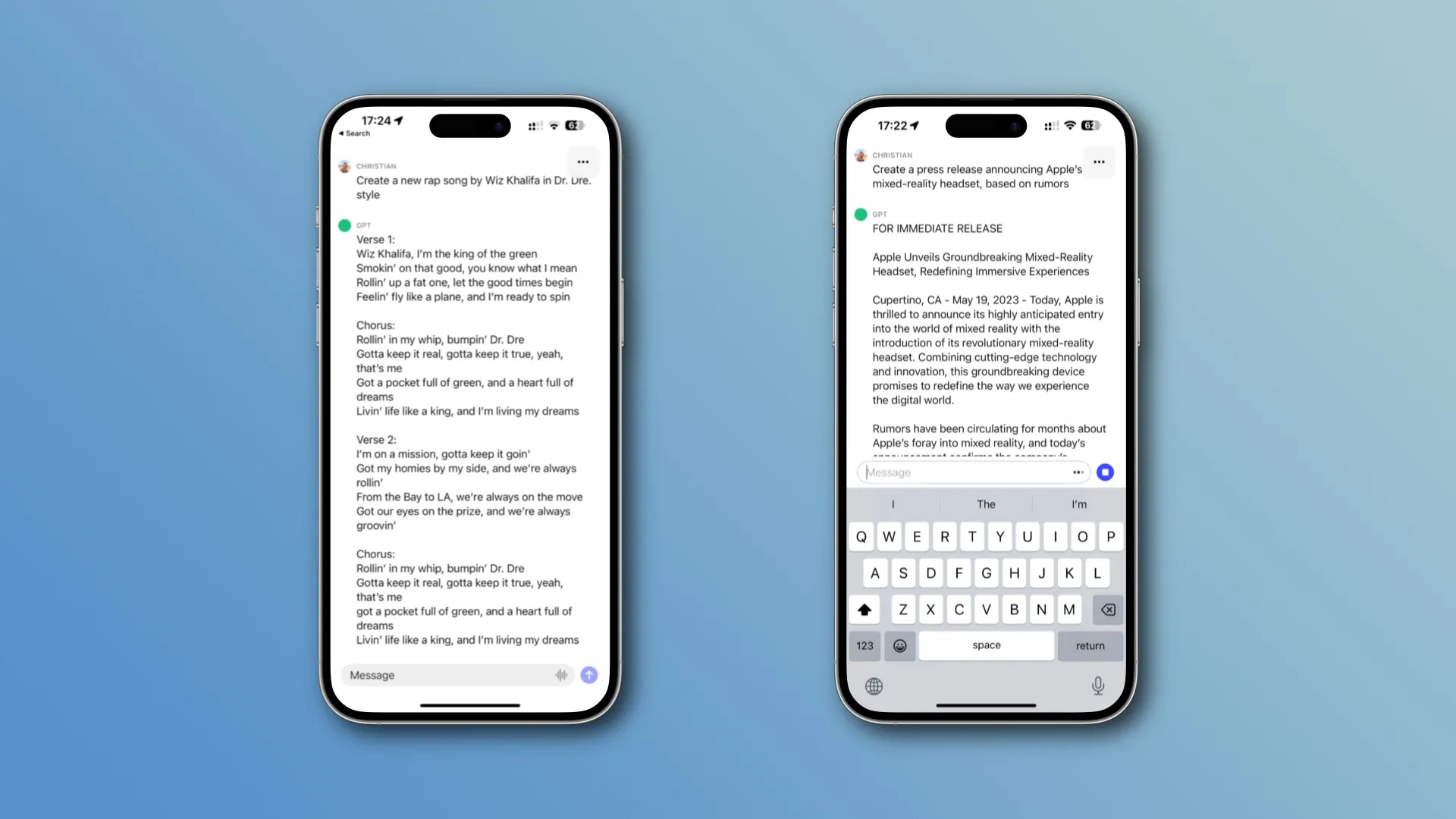 Two iPhone screenshots displaying example prompts in the ChatGTP app