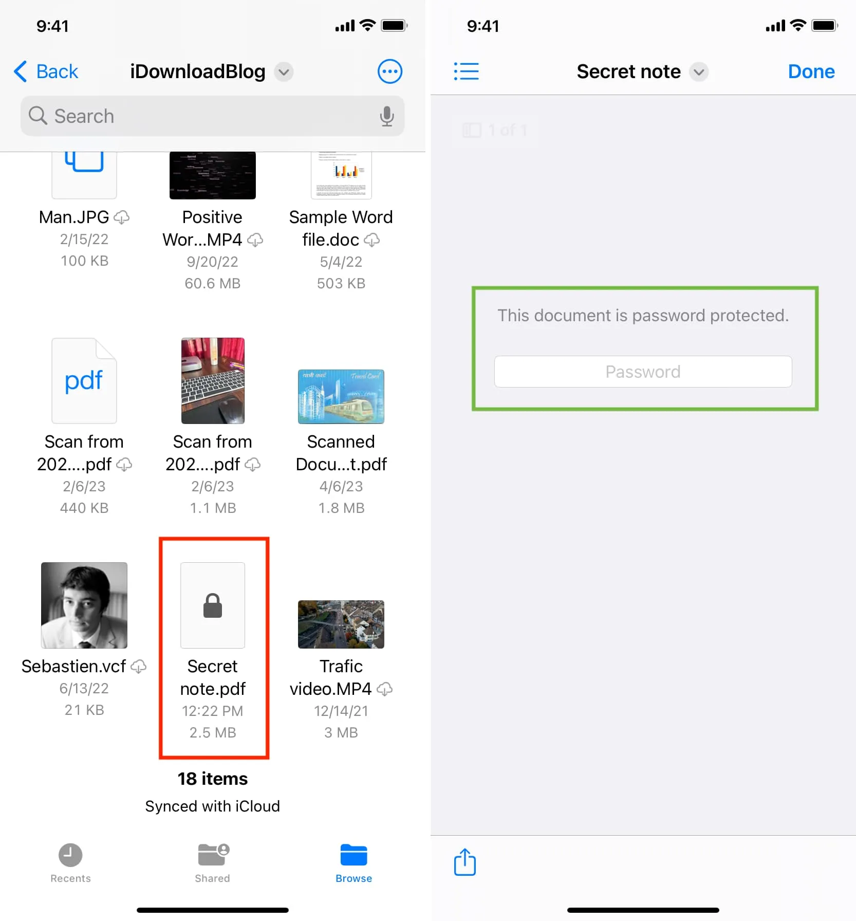 Password protected document in iPhone Files app