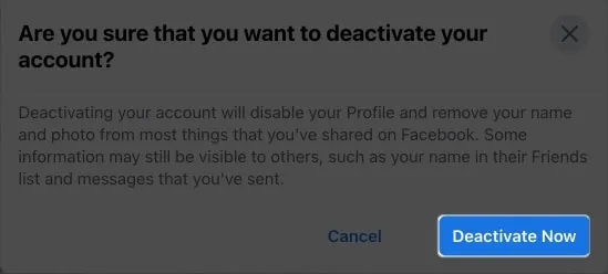 Naciśnij dezaktywuj teraz, aby zakończyć proces na Facebooku