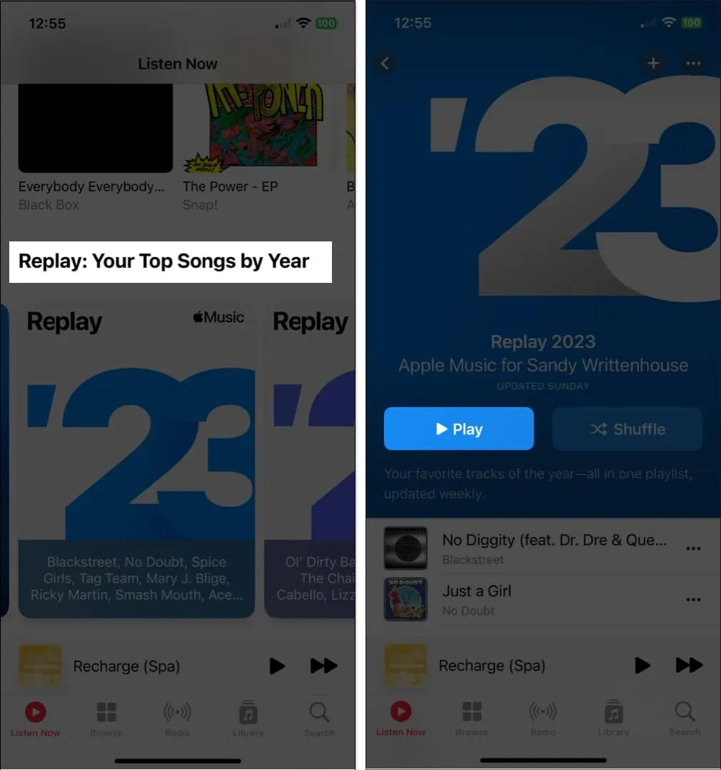 Select replay feature and play in apple music