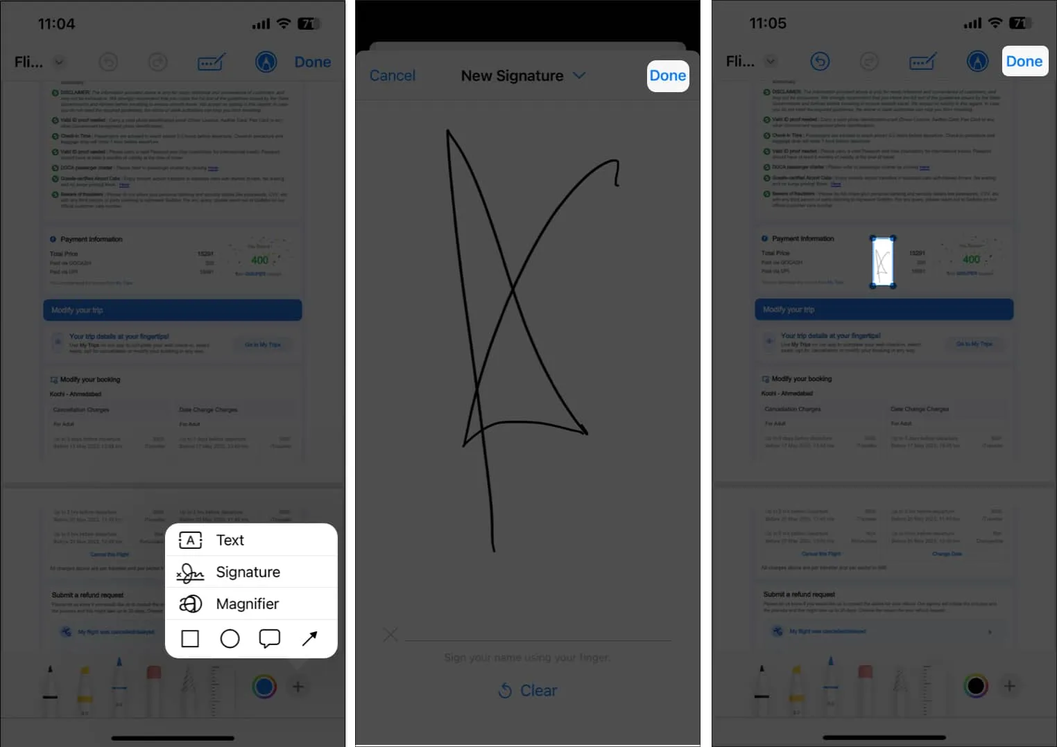Select signature, create a sign, tap done, place it on the PDF tap done, in PDF editor