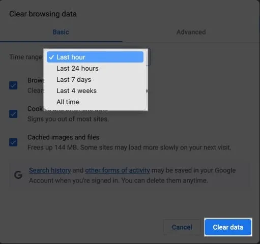 Select the time range, click clear data in google chrome