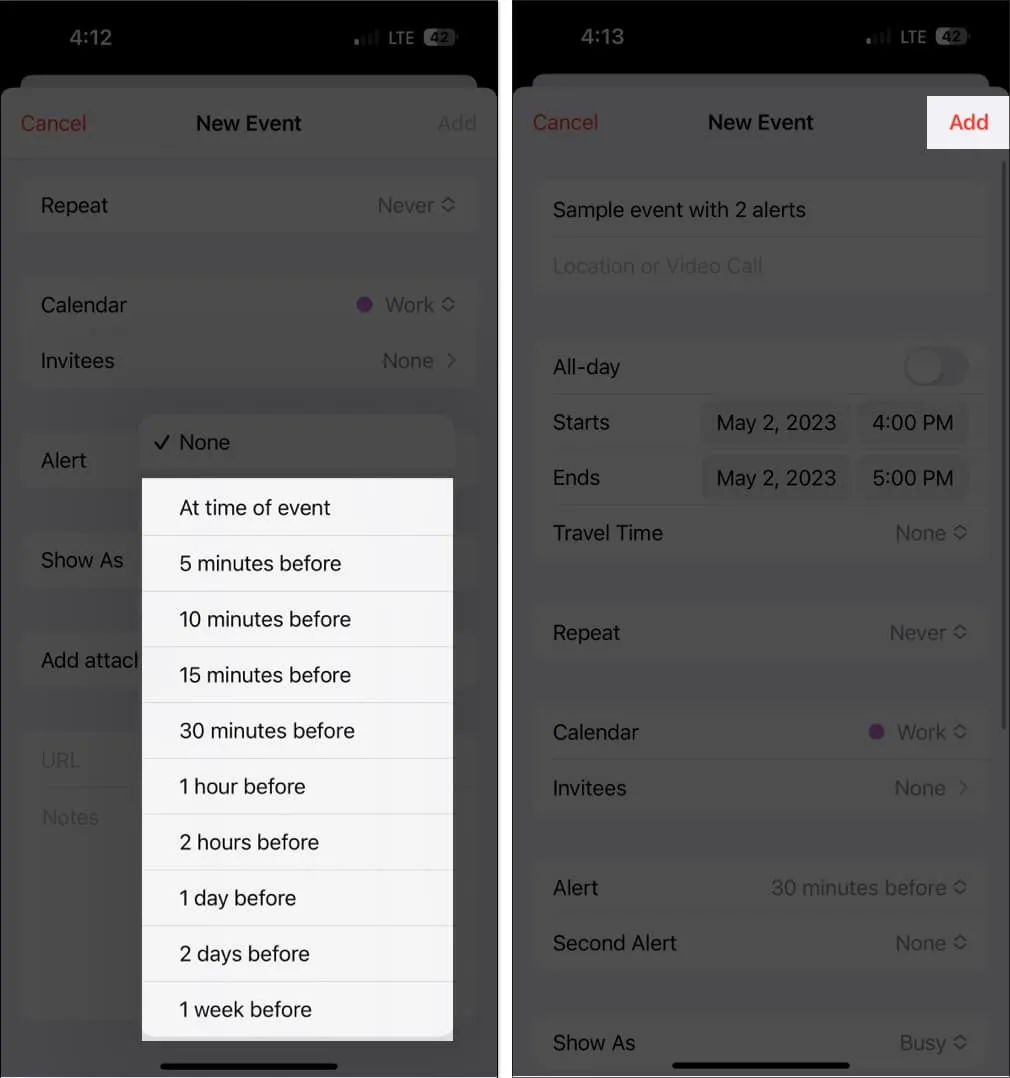 기간을 선택하고 캘린더 앱에서 추가를 누릅니다.