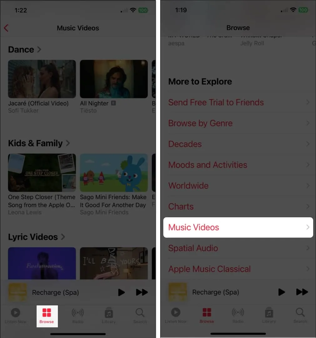 Toque em navegar, vídeos de música no aplicativo de configurações