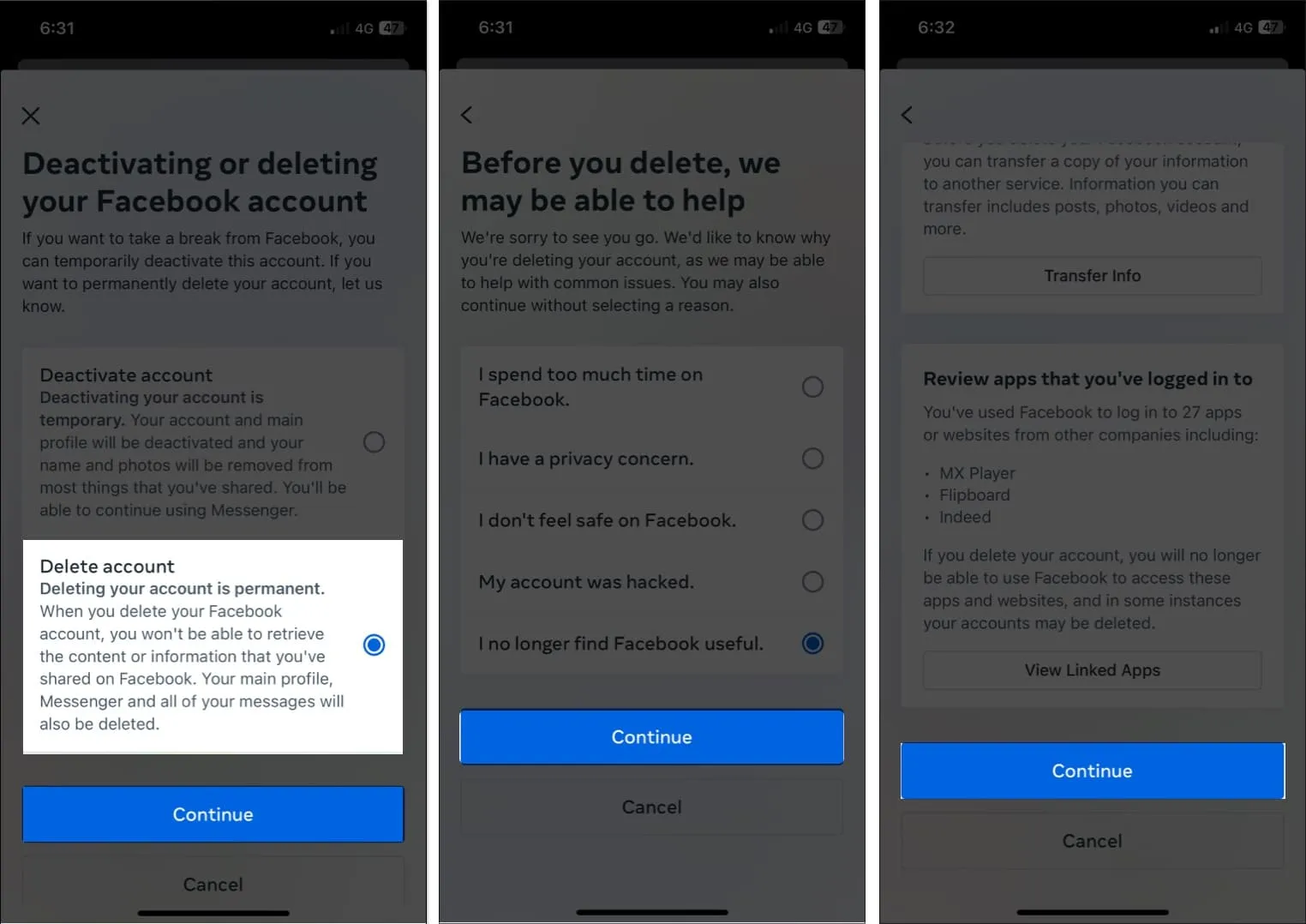 Tik op account verwijderen, doorgaan, doorgaan in Facebook-app