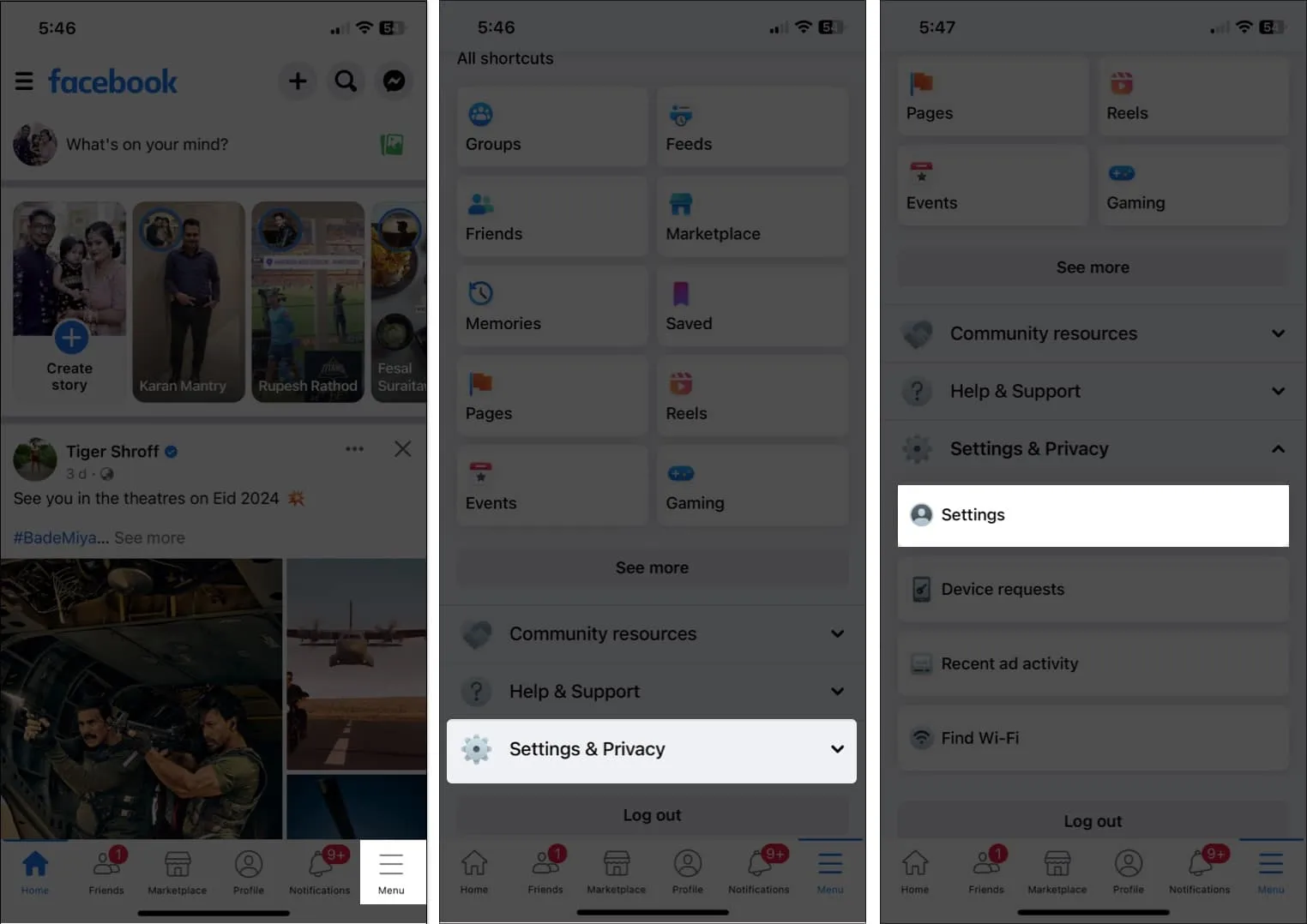 메뉴, 설정 및 개인 정보, Facebook 앱의 설정을 누릅니다.