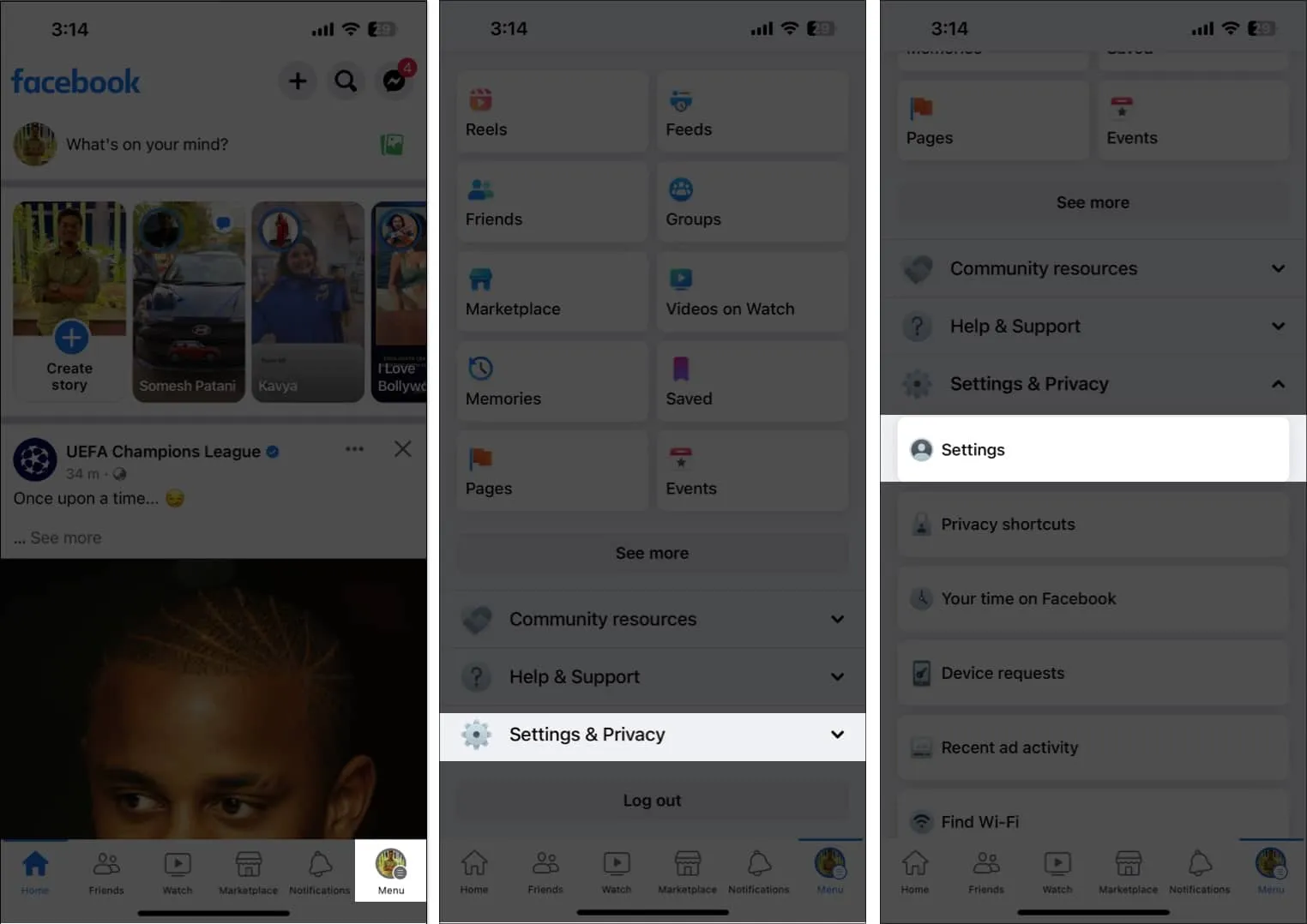 Tocca menu, impostazioni e privacy, impostazioni nell'app Facebook