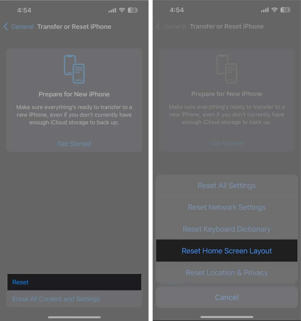 Tap reset and reset home screen in settings app