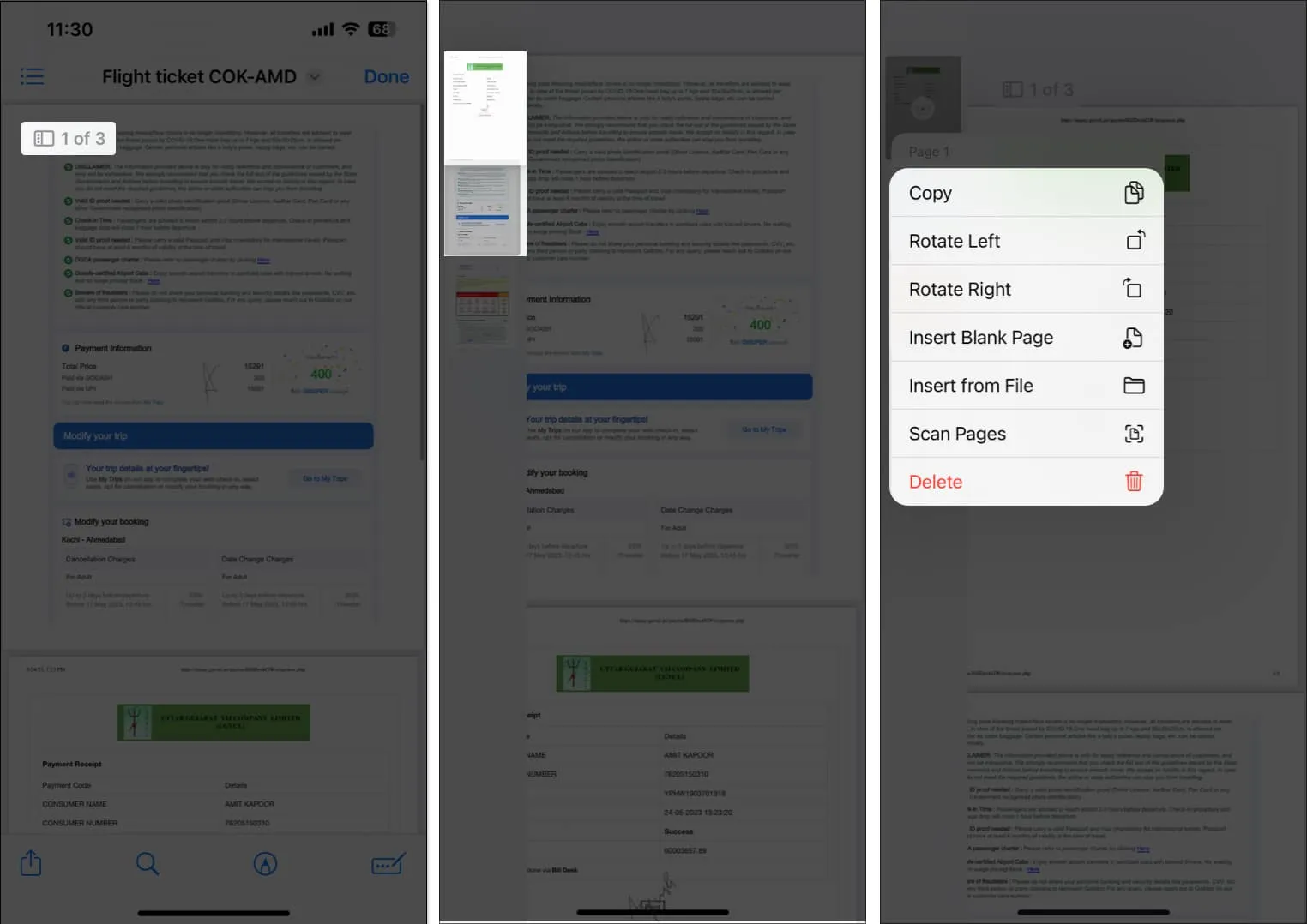 Tap the page view option, shift the page, select an action based on your preference in PDF